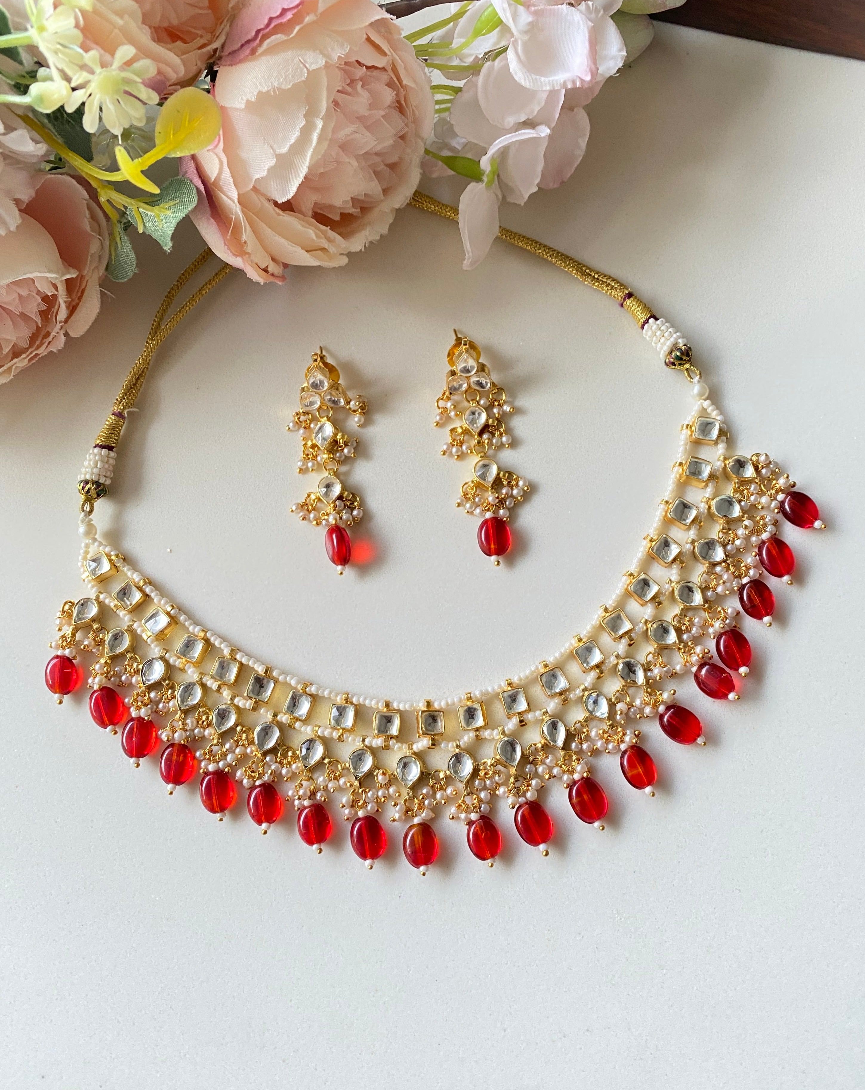 Kundan Necklace Set With Red Drops