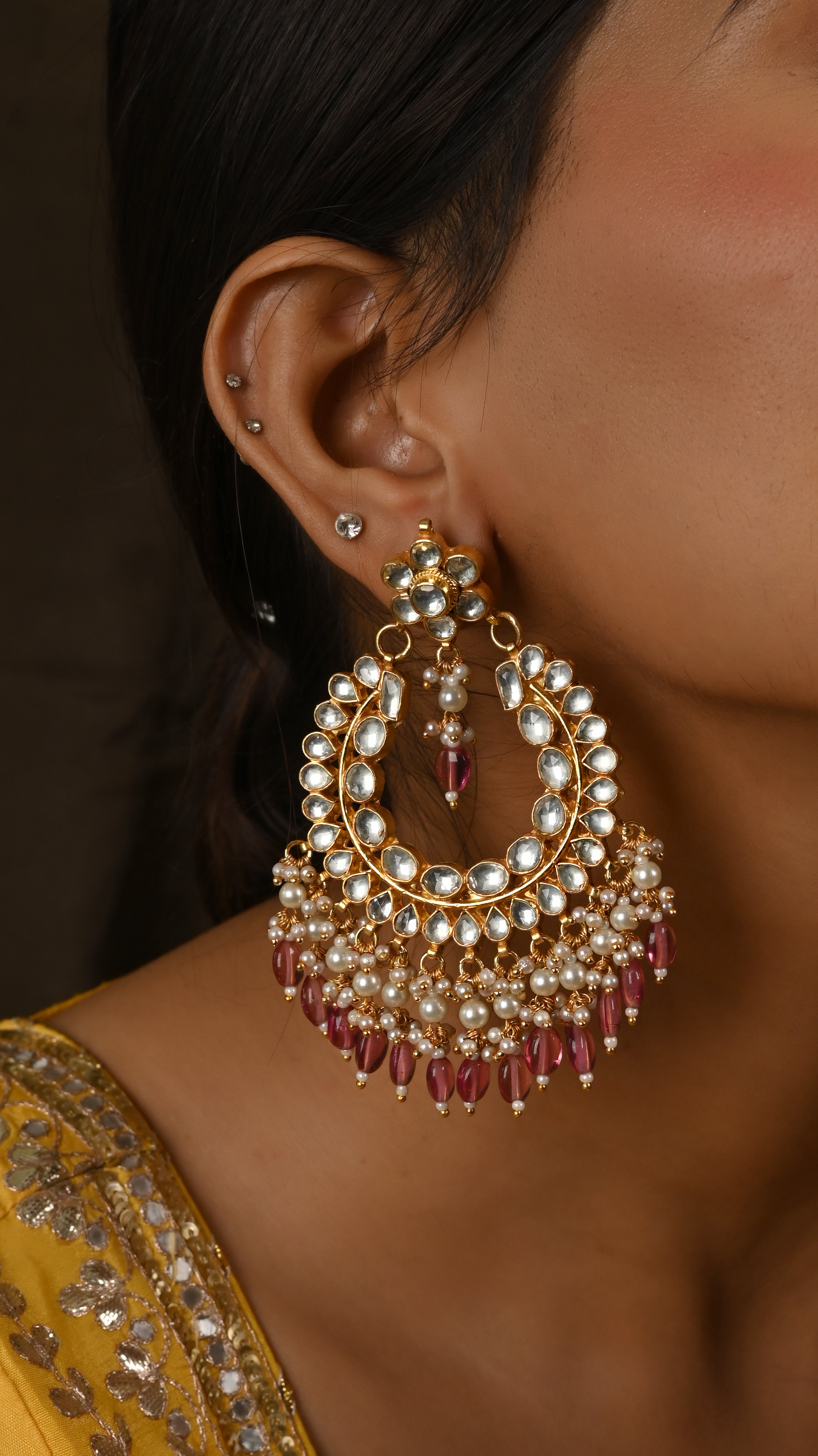 Kundan Earring in pink drops