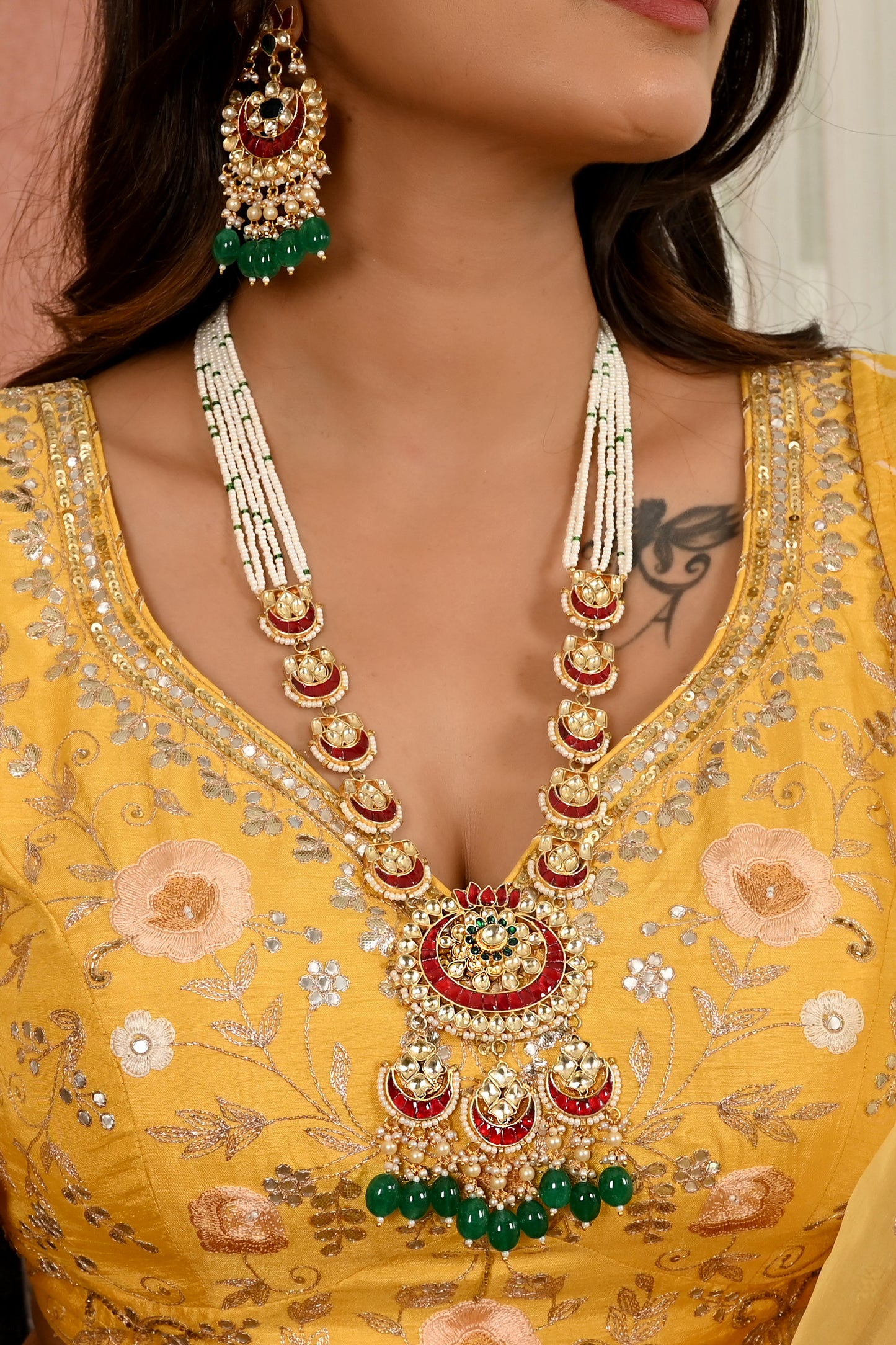 Kundan Long Set in Green drops