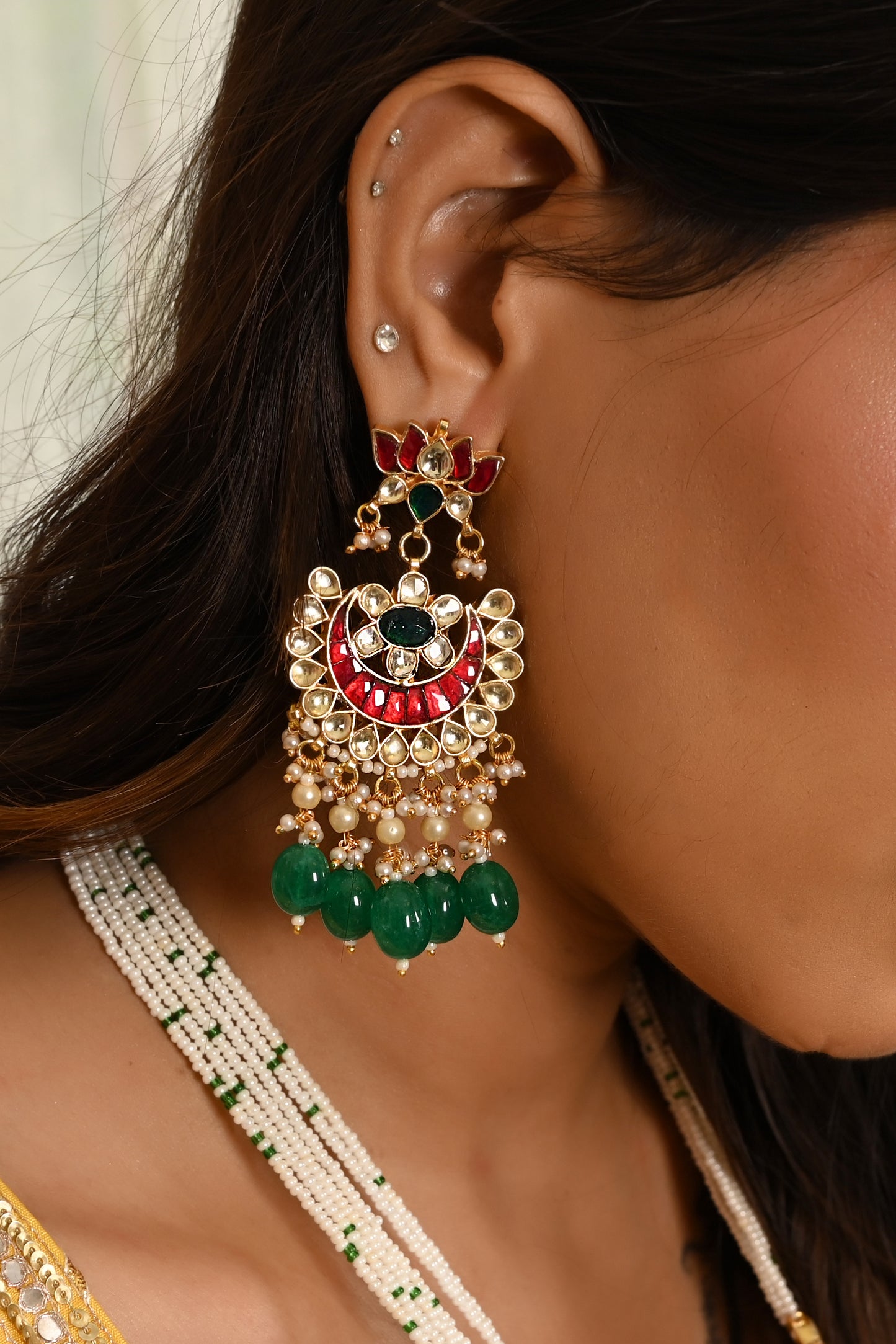 Kundan Long Set in Green drops