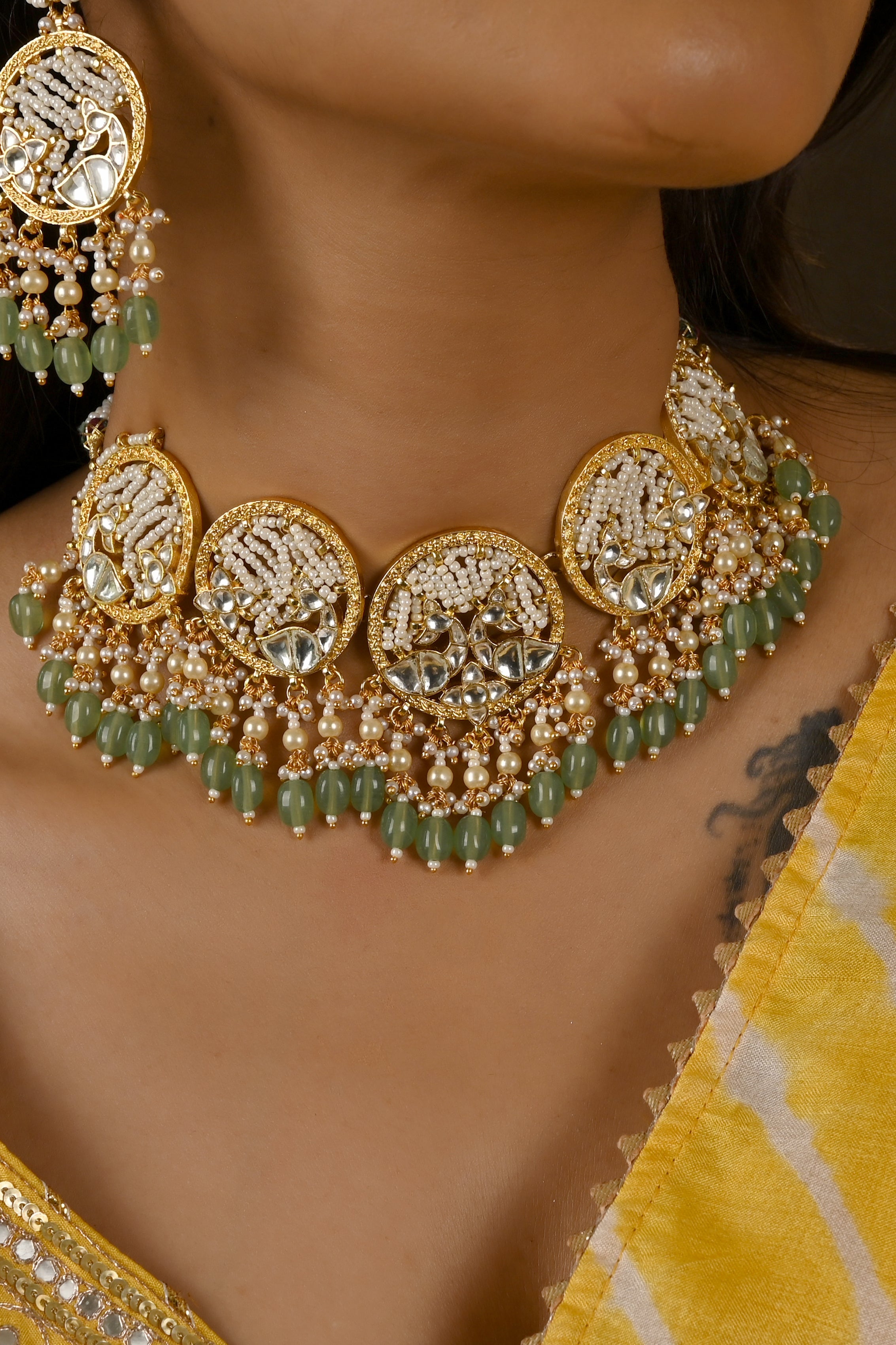 Kundan Necklace Set in Mint Drops