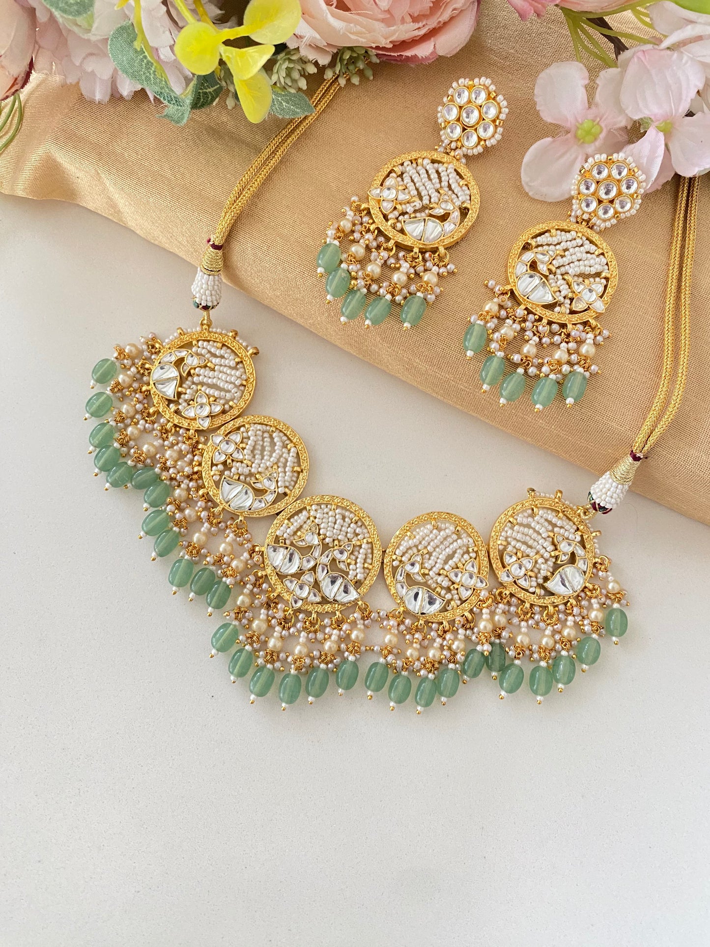 Kundan Gold plated Necklace Set in Mint Drops