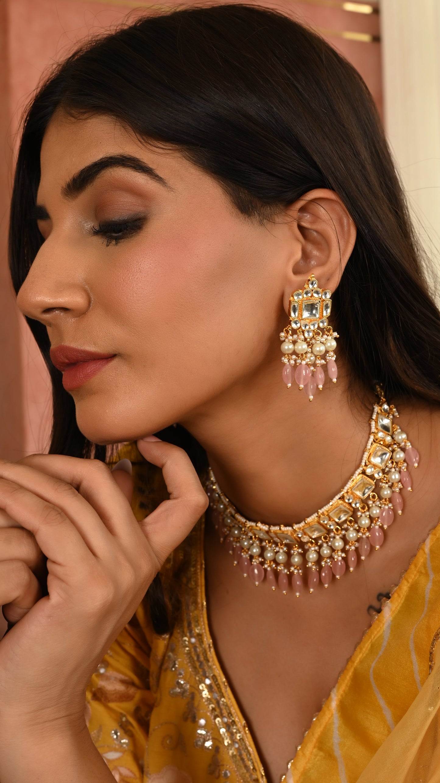 Kundan Necklace Set in Pink Drops