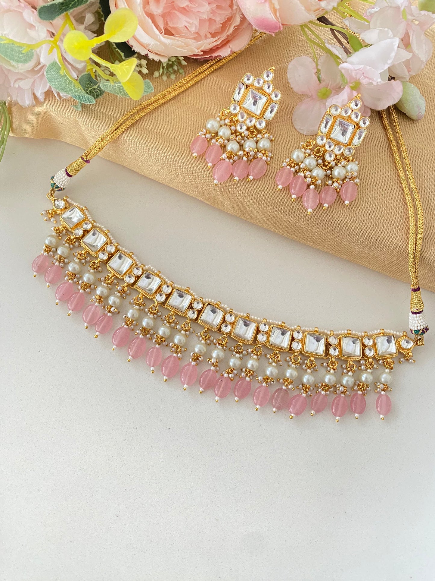 Kundan Necklace Set in Pink Drops