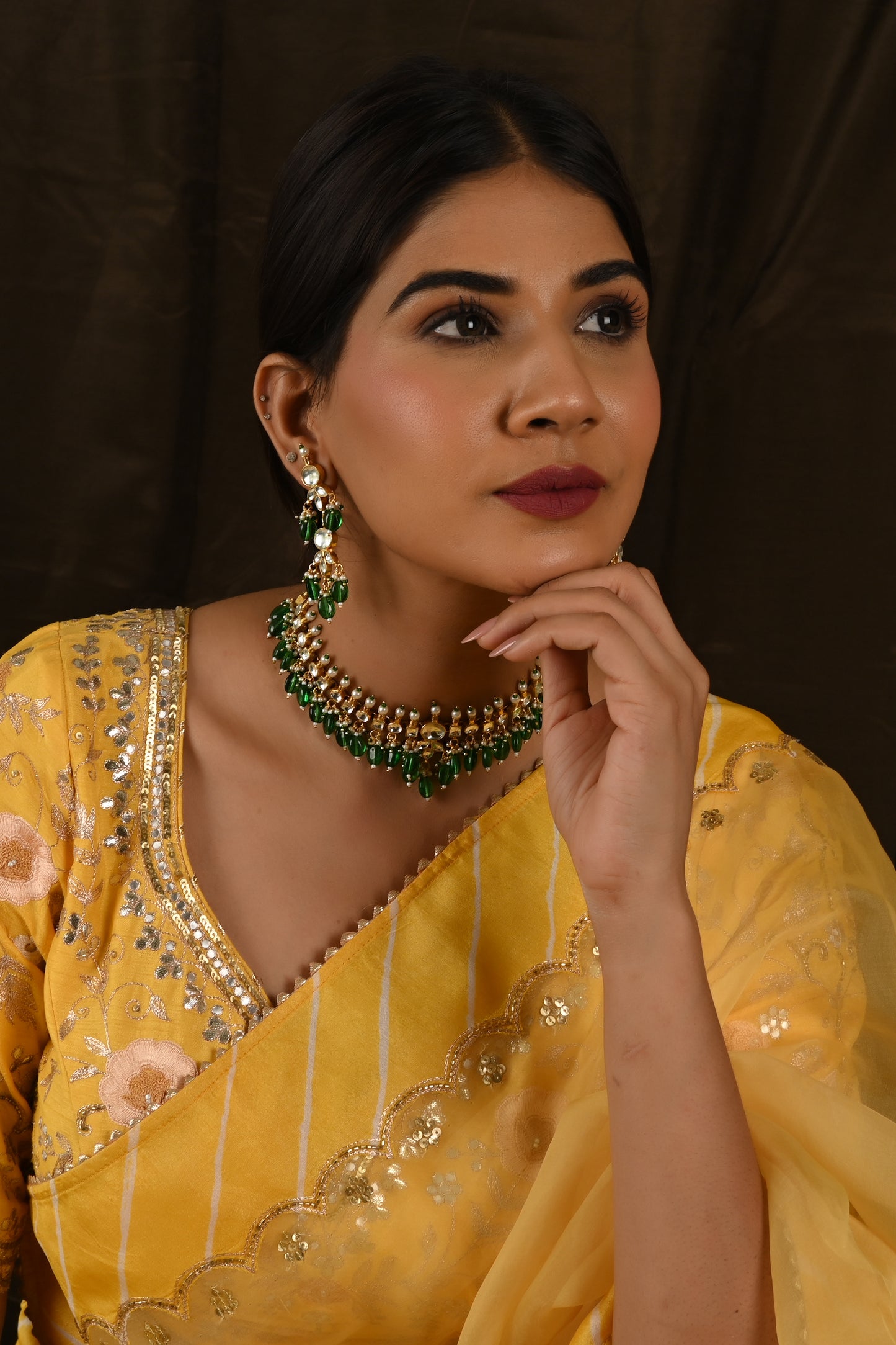 Kundan Necklace Set in green drops