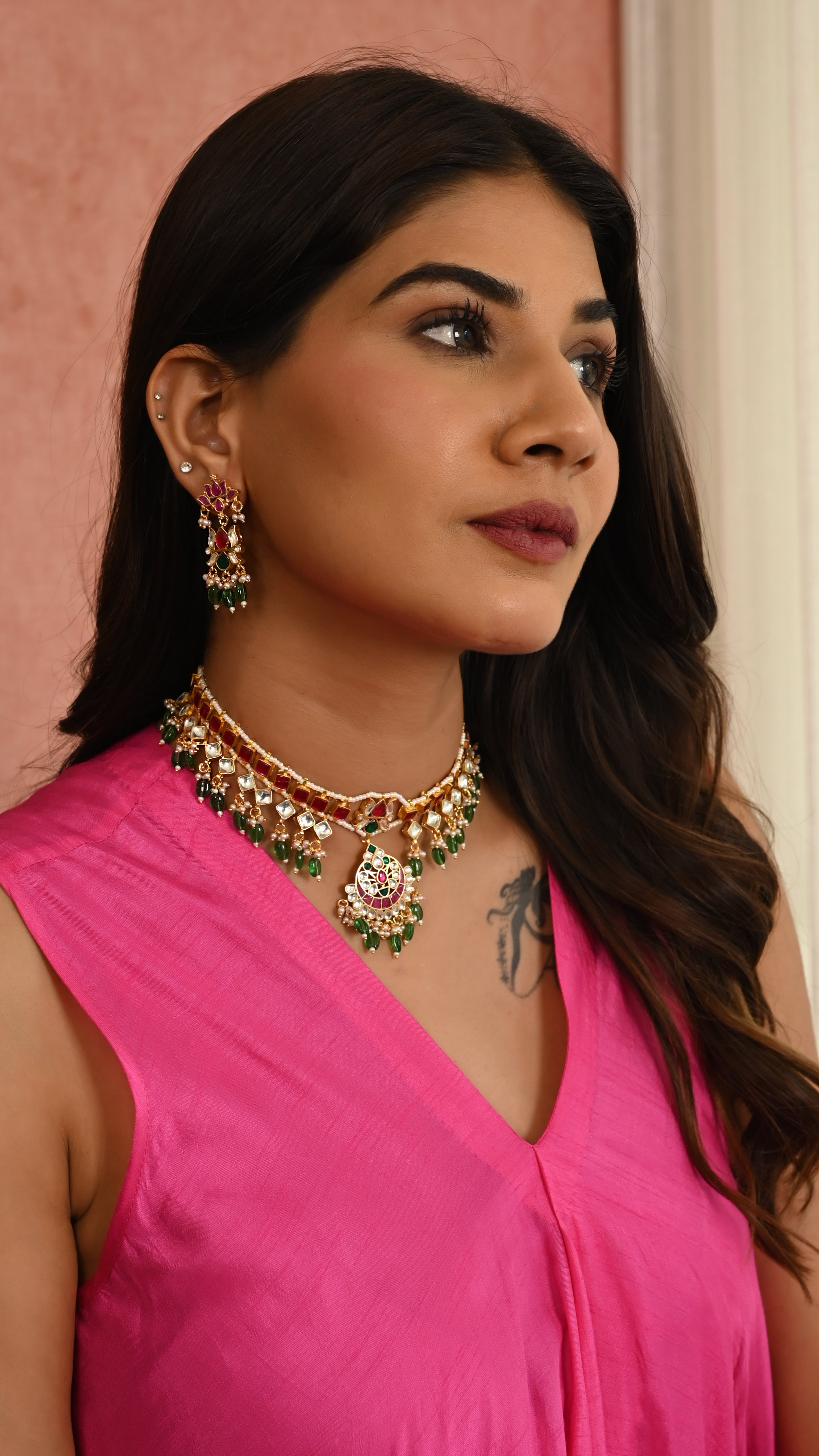 Pink Kundan Choker Set in Green Drops