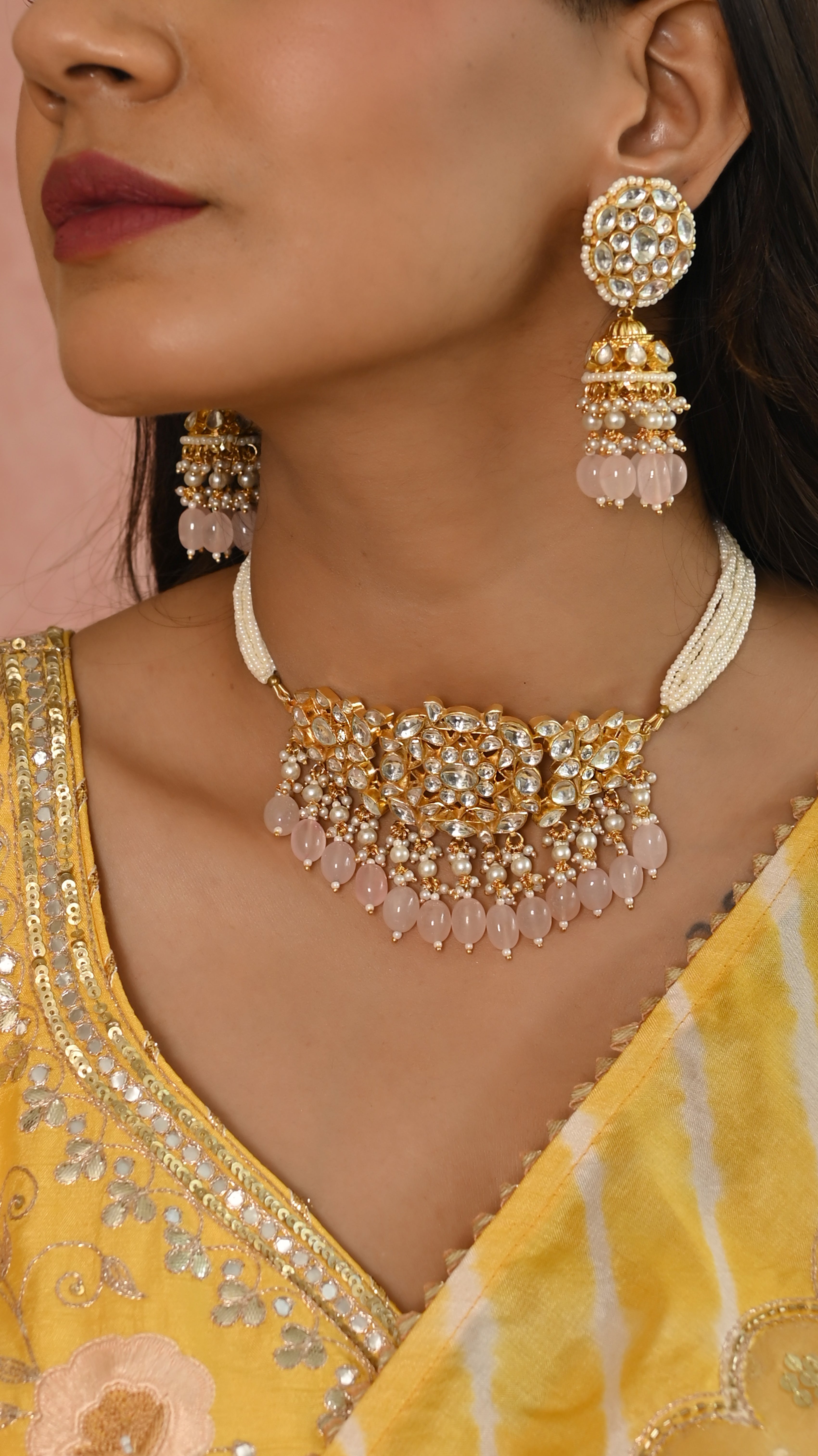 Kundan Choker Set in pink drops