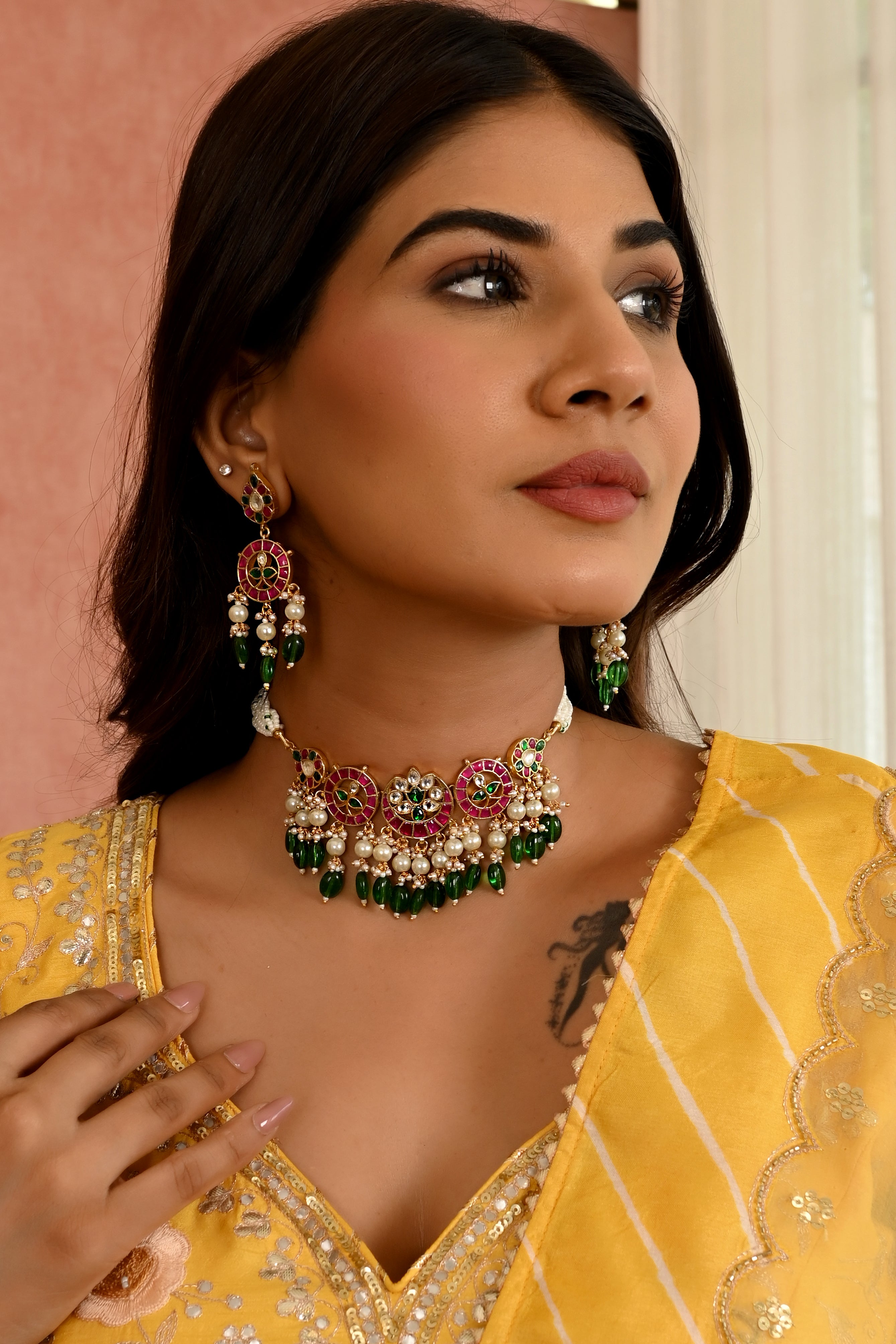 Kundan Choker Set in Green drops