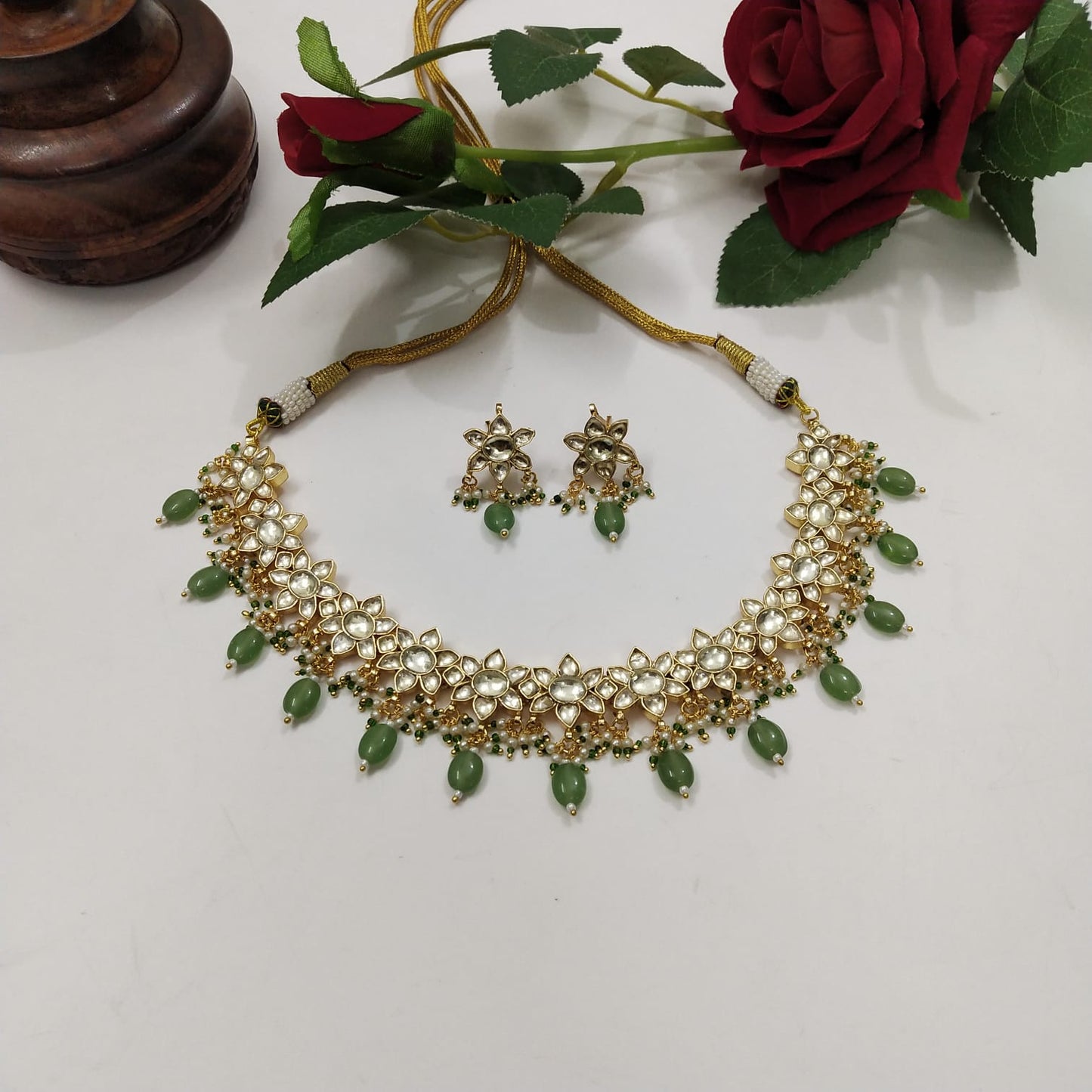 Kundan Necklace Set in Green drops