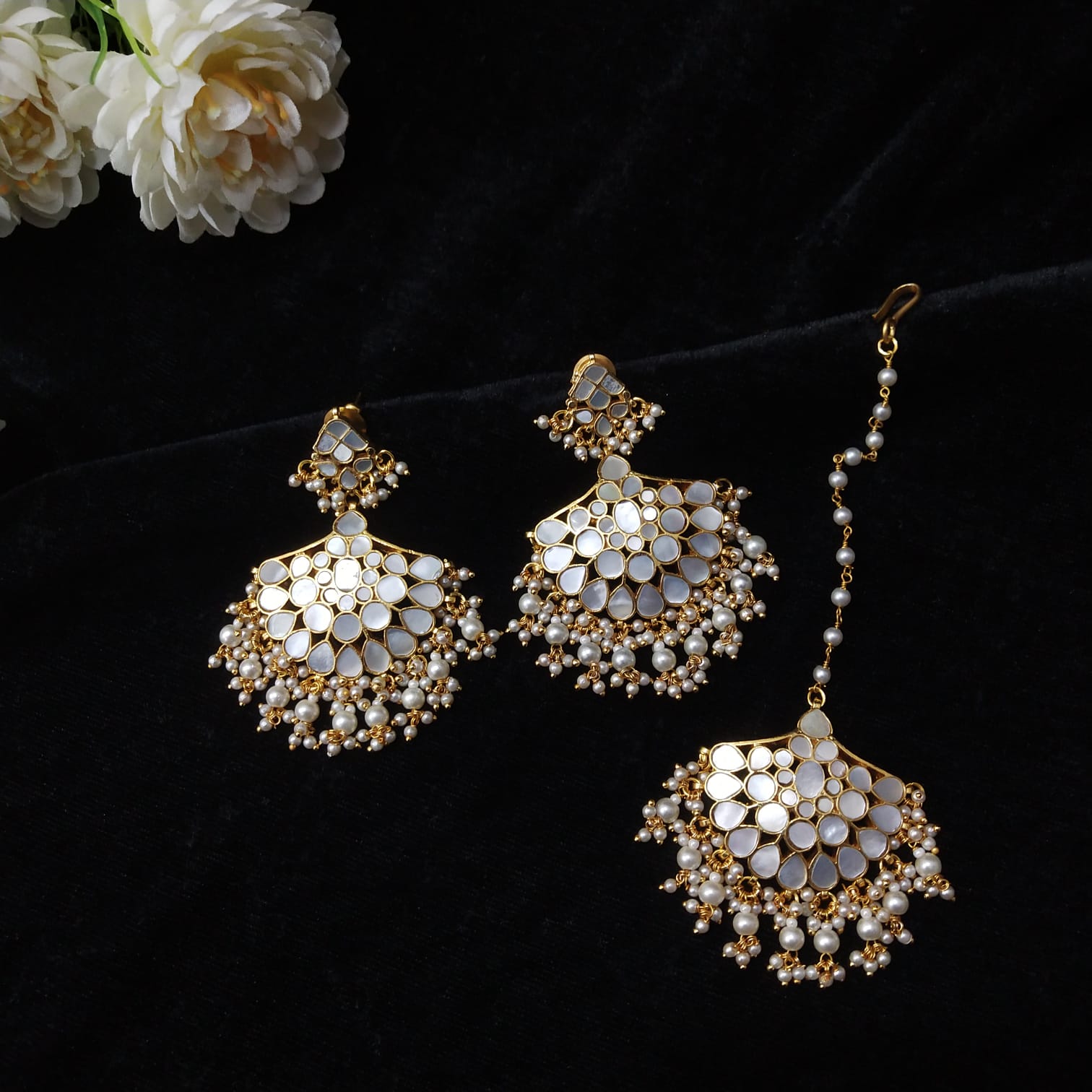 Mother of pearl earrings and Tikka set