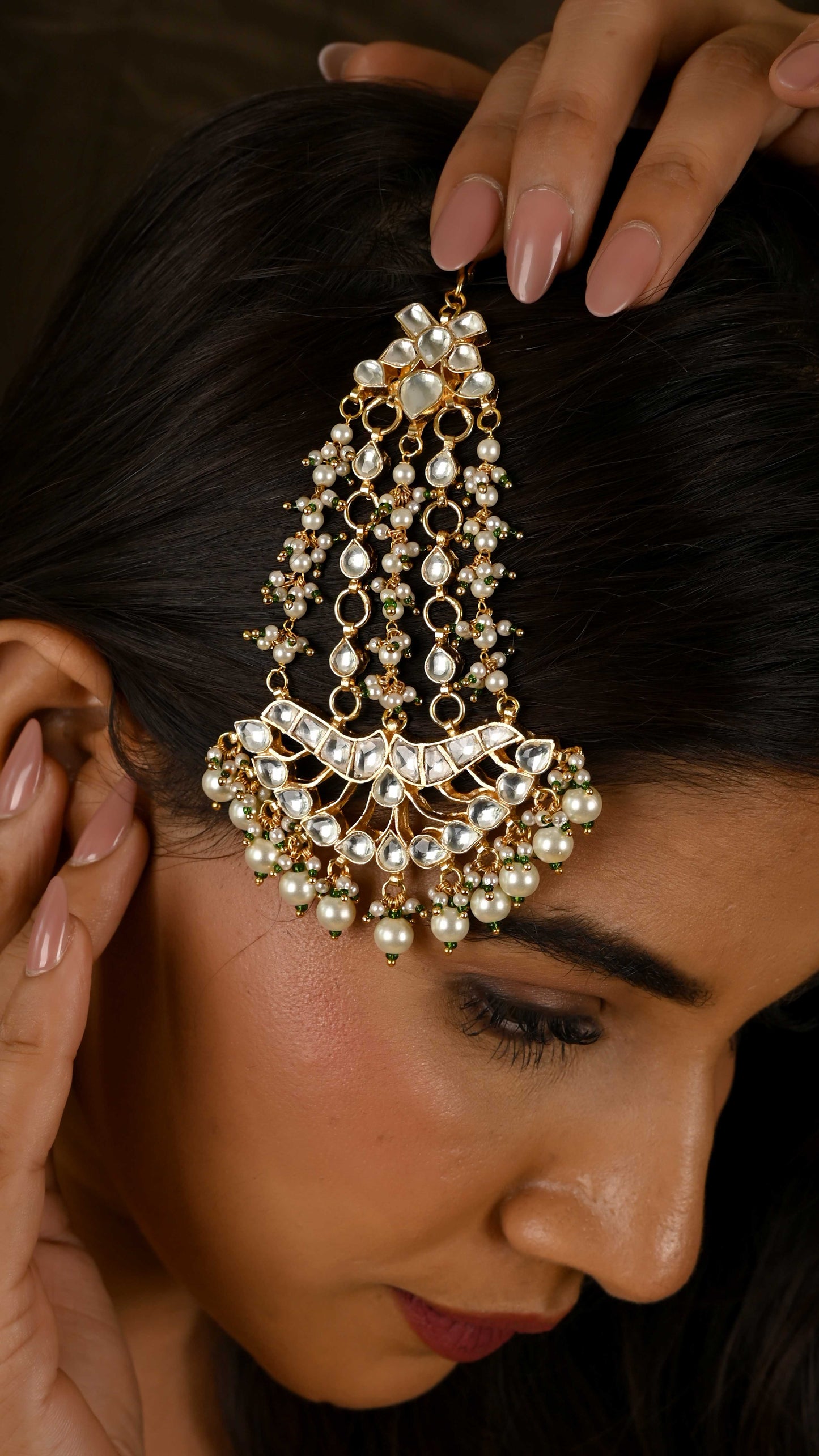 Gold plated Kundan Pasa in pearl drops