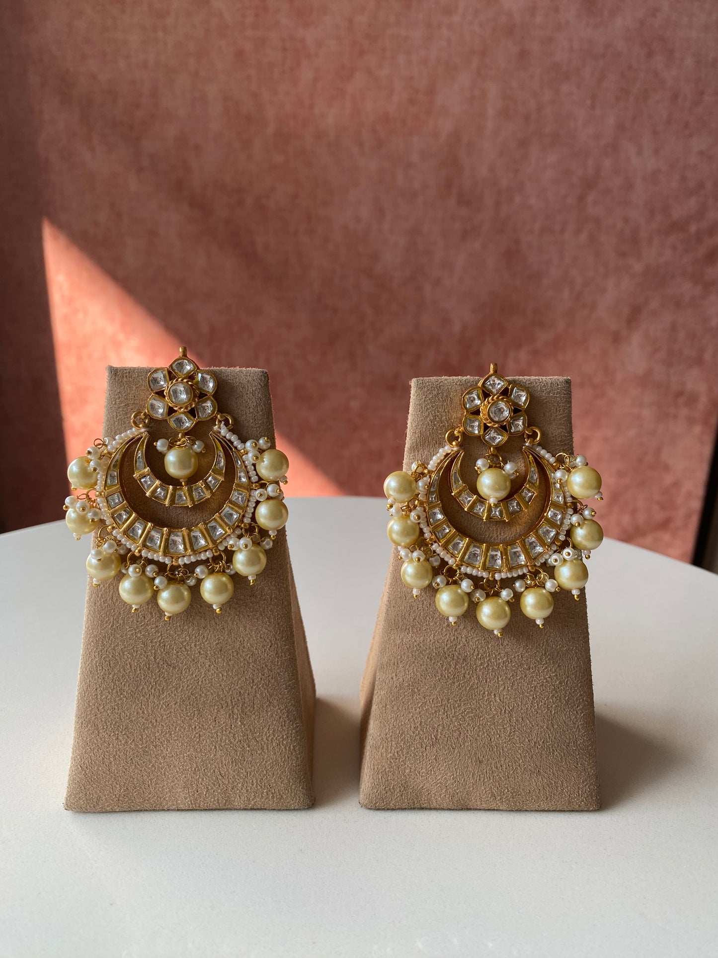 Gold plated Kundan Chandbaali in Pearl