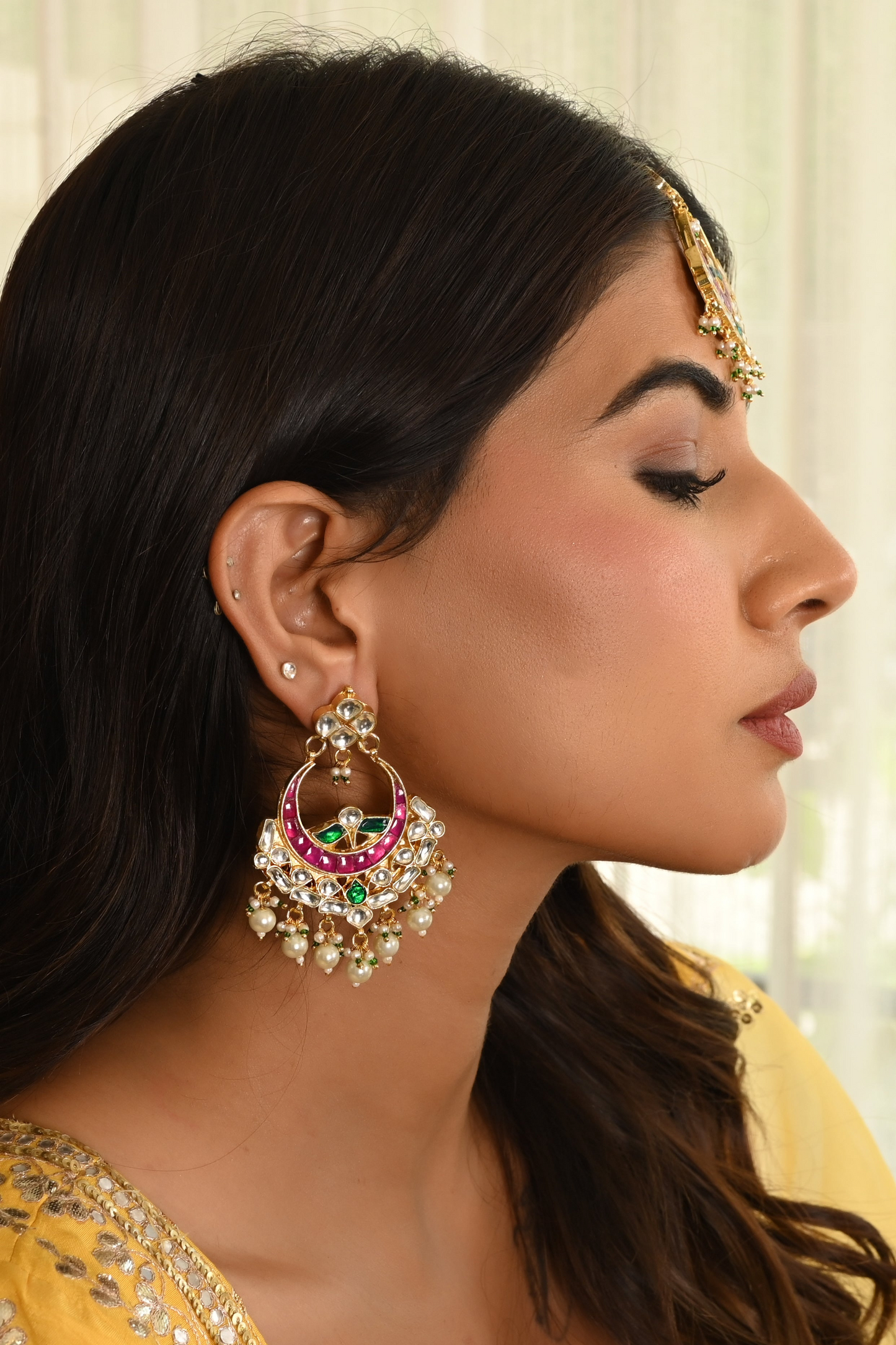 Gold Plated Kundan Earring with tikka in pearl