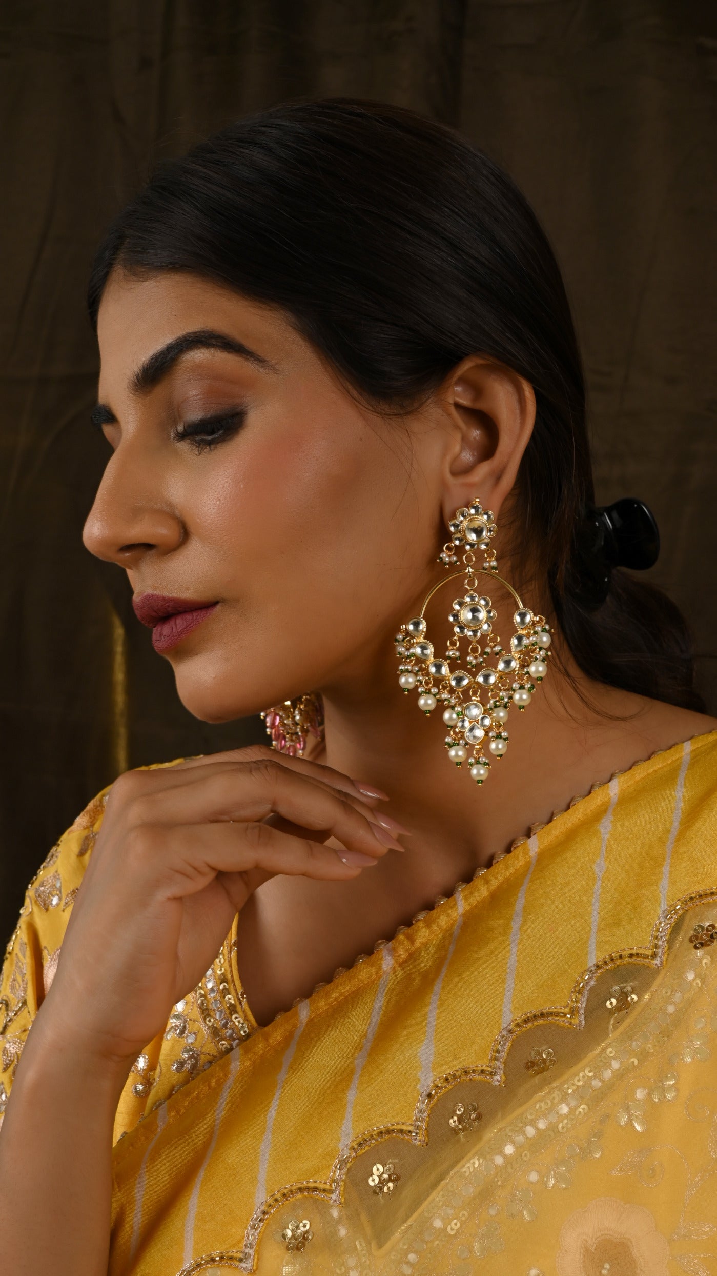 Gold Plated Kundan Earrings in Pearl