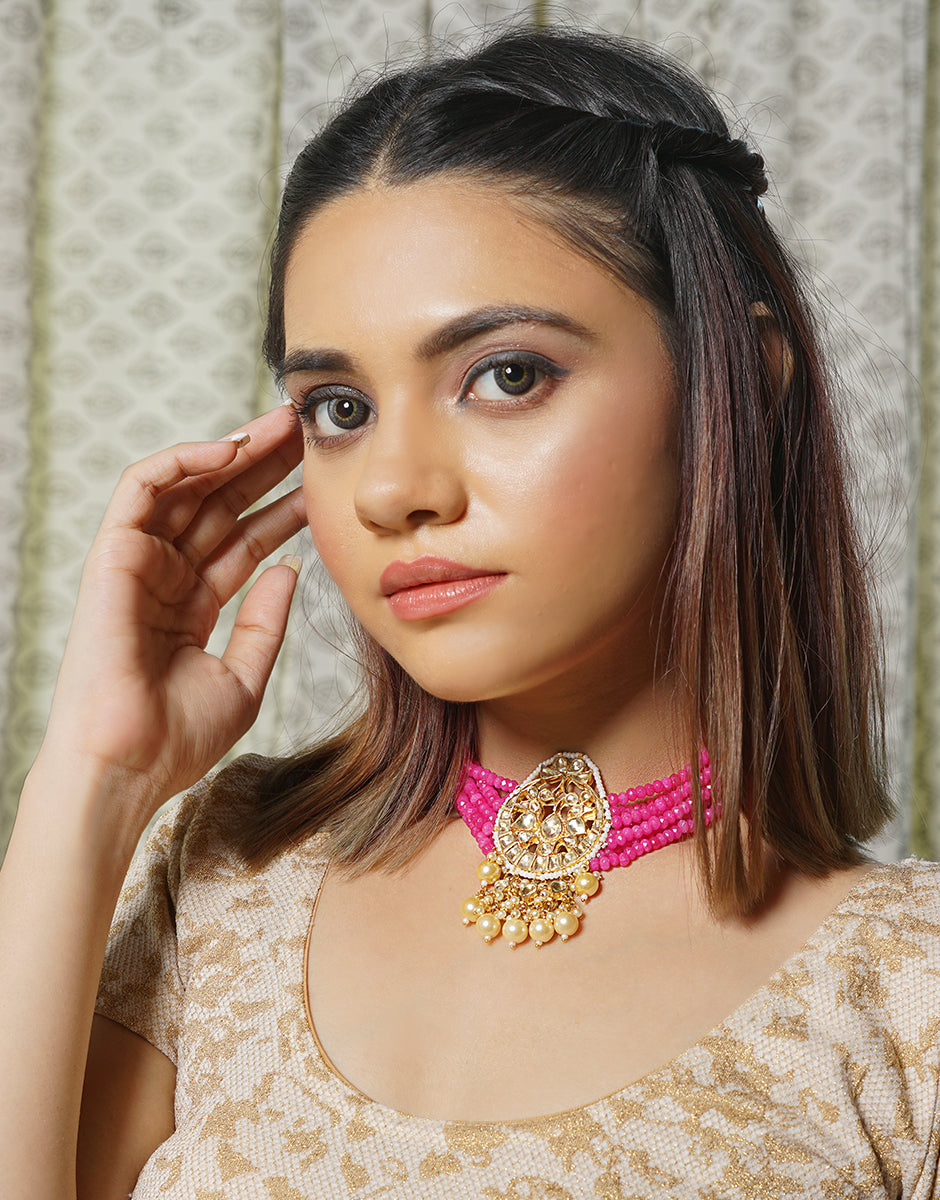 Pink Kundan Choker With Pearl Drops