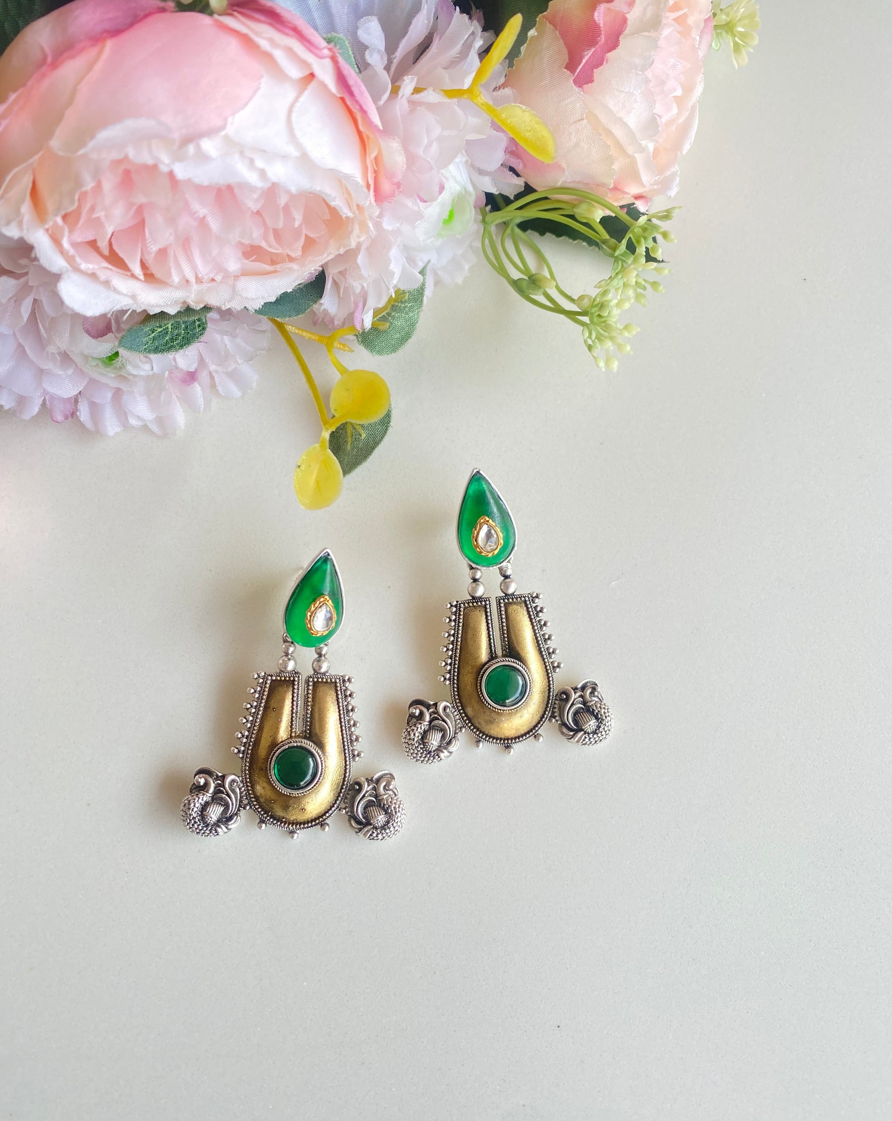 Green stone Oxidised Earrings