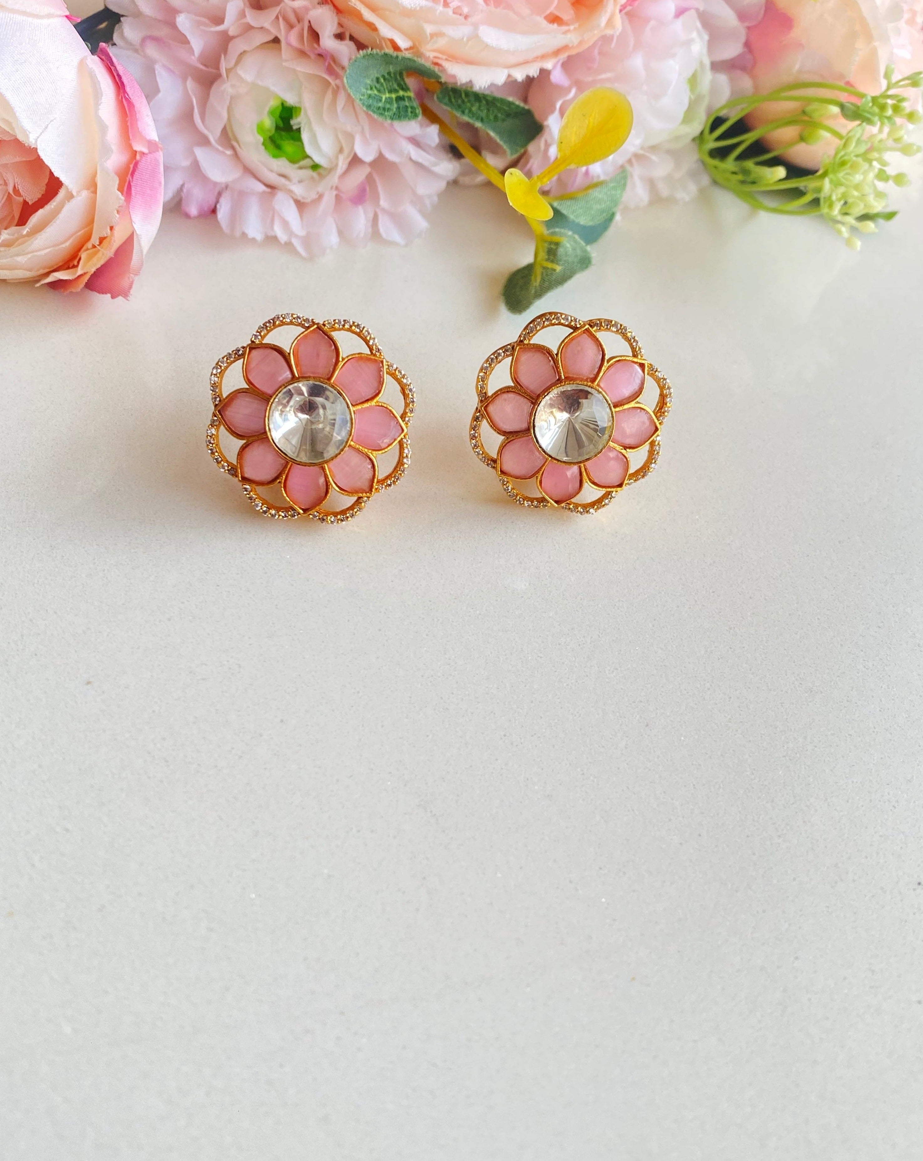 Pink floral studs