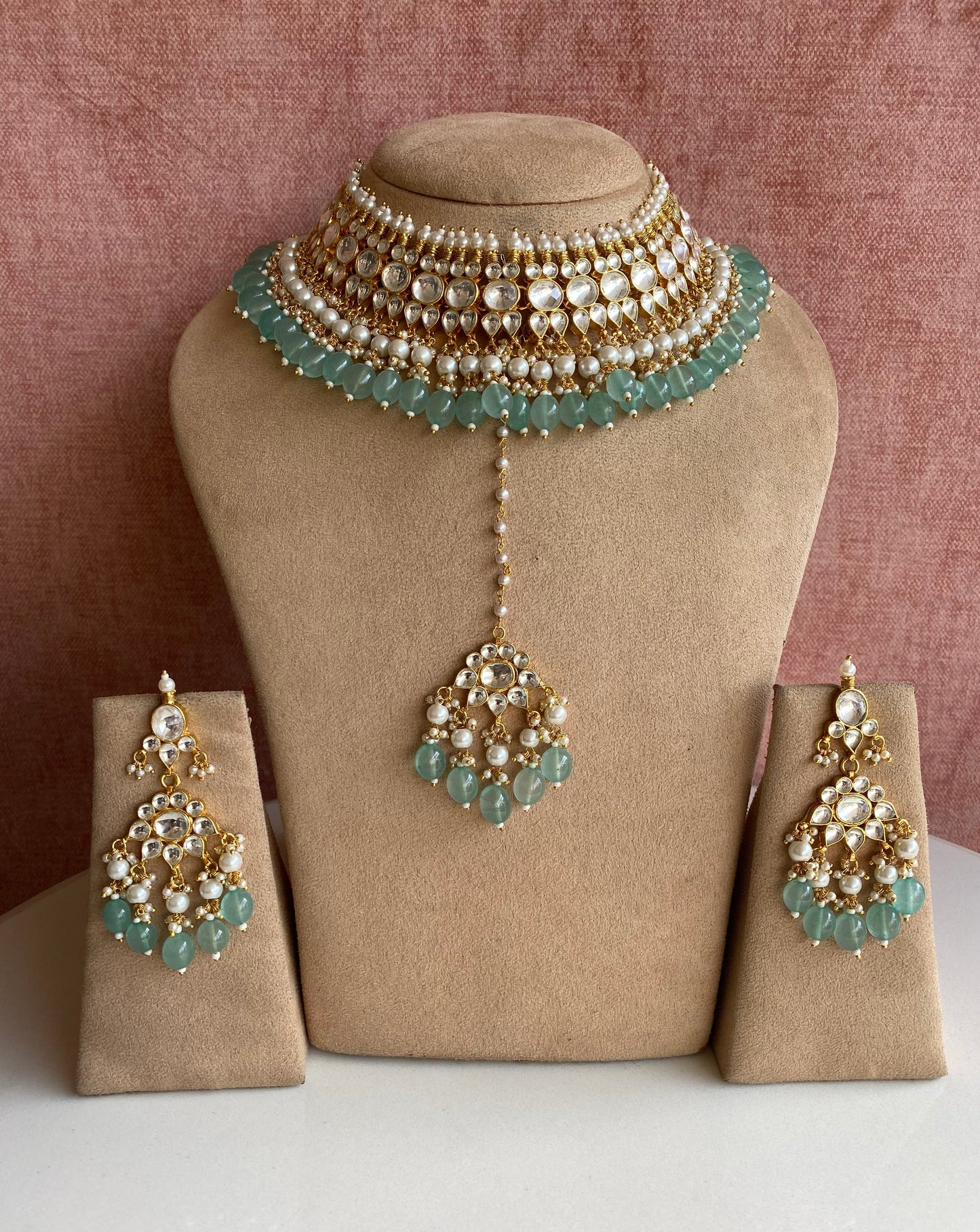 Kundan necklace set with mint Drops