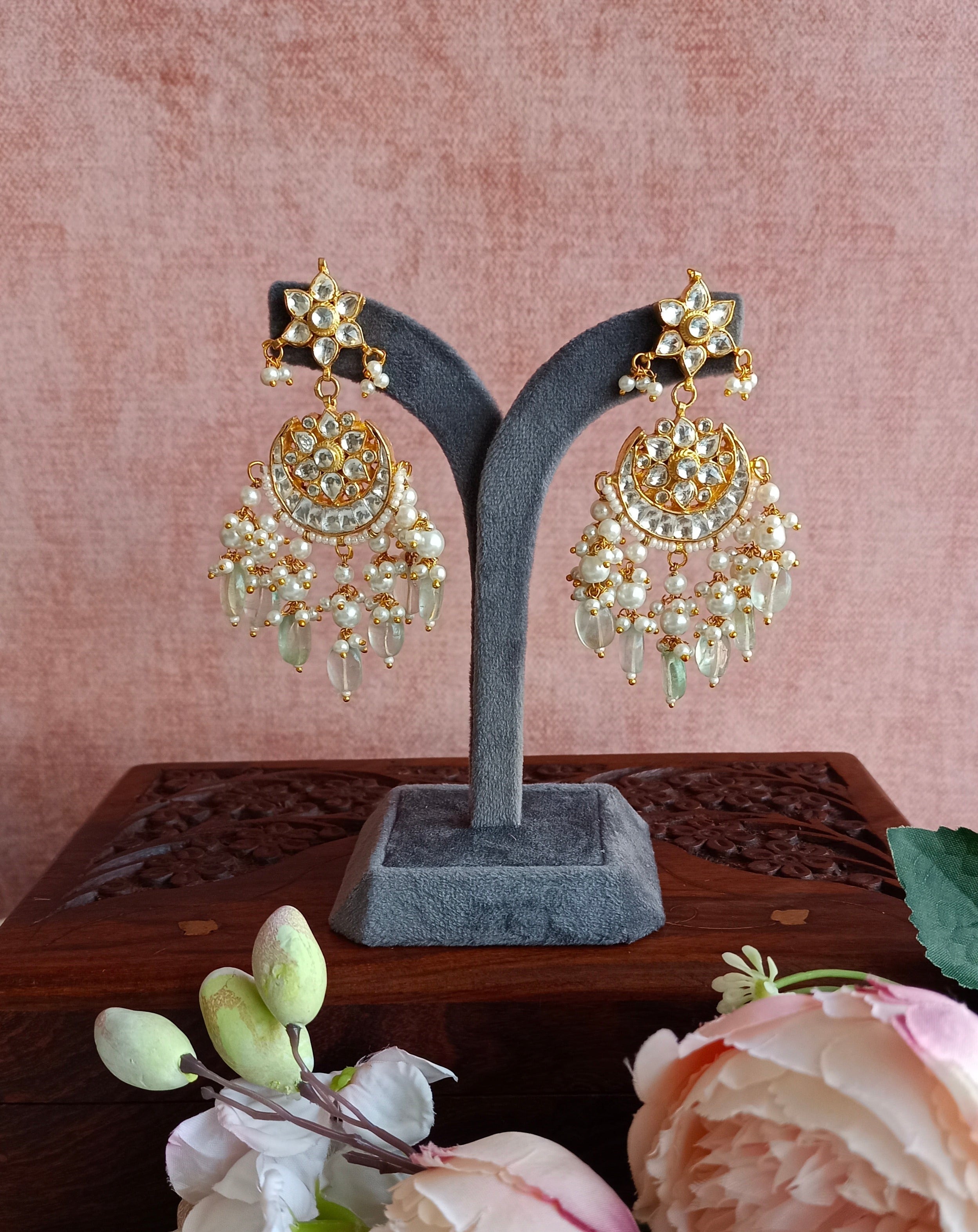 Kundan earrings with mint drops