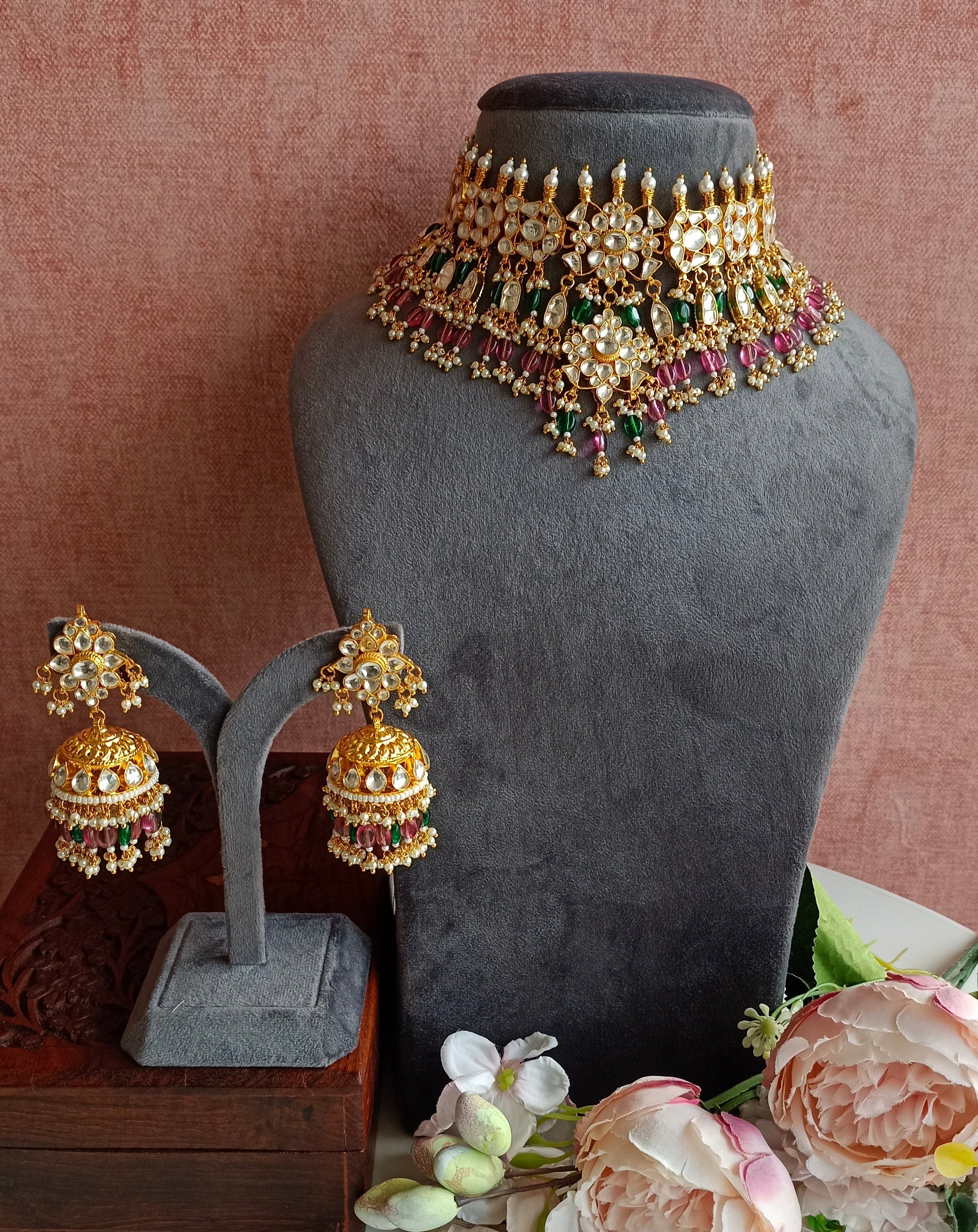 kundan choker set with pink and green beads