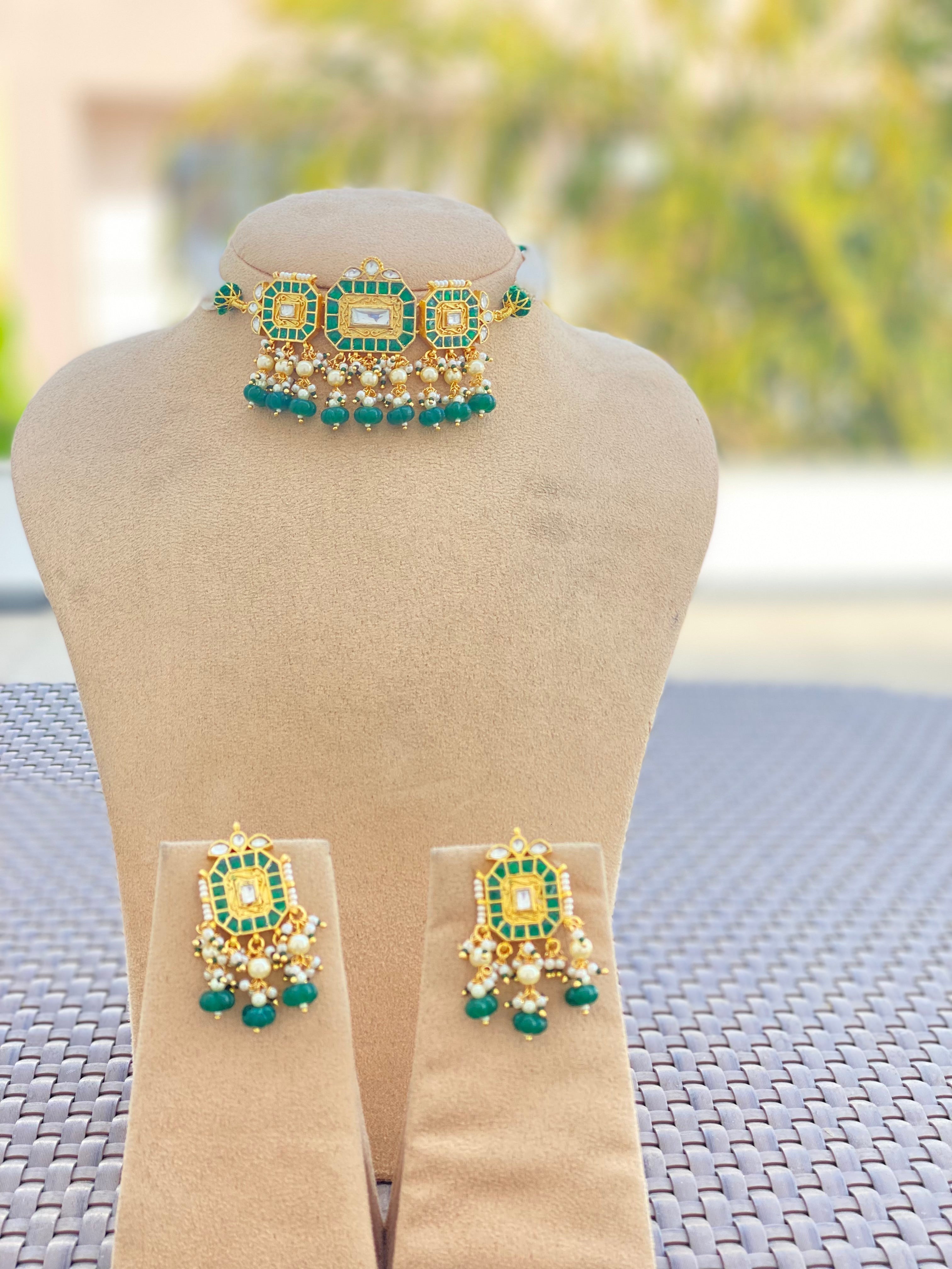 Gold plated Green Kundan choker set in green drops