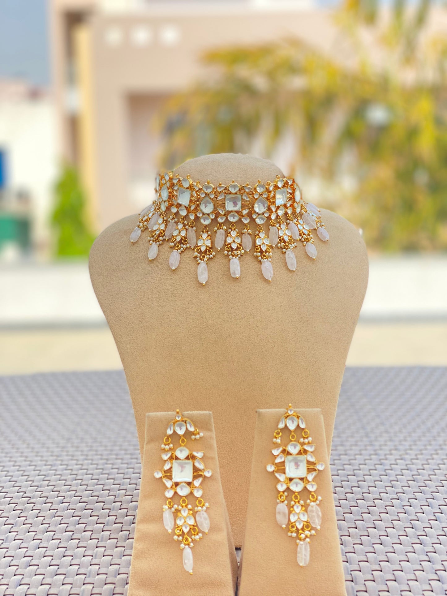 Kundan choker set with pink drops and earrings