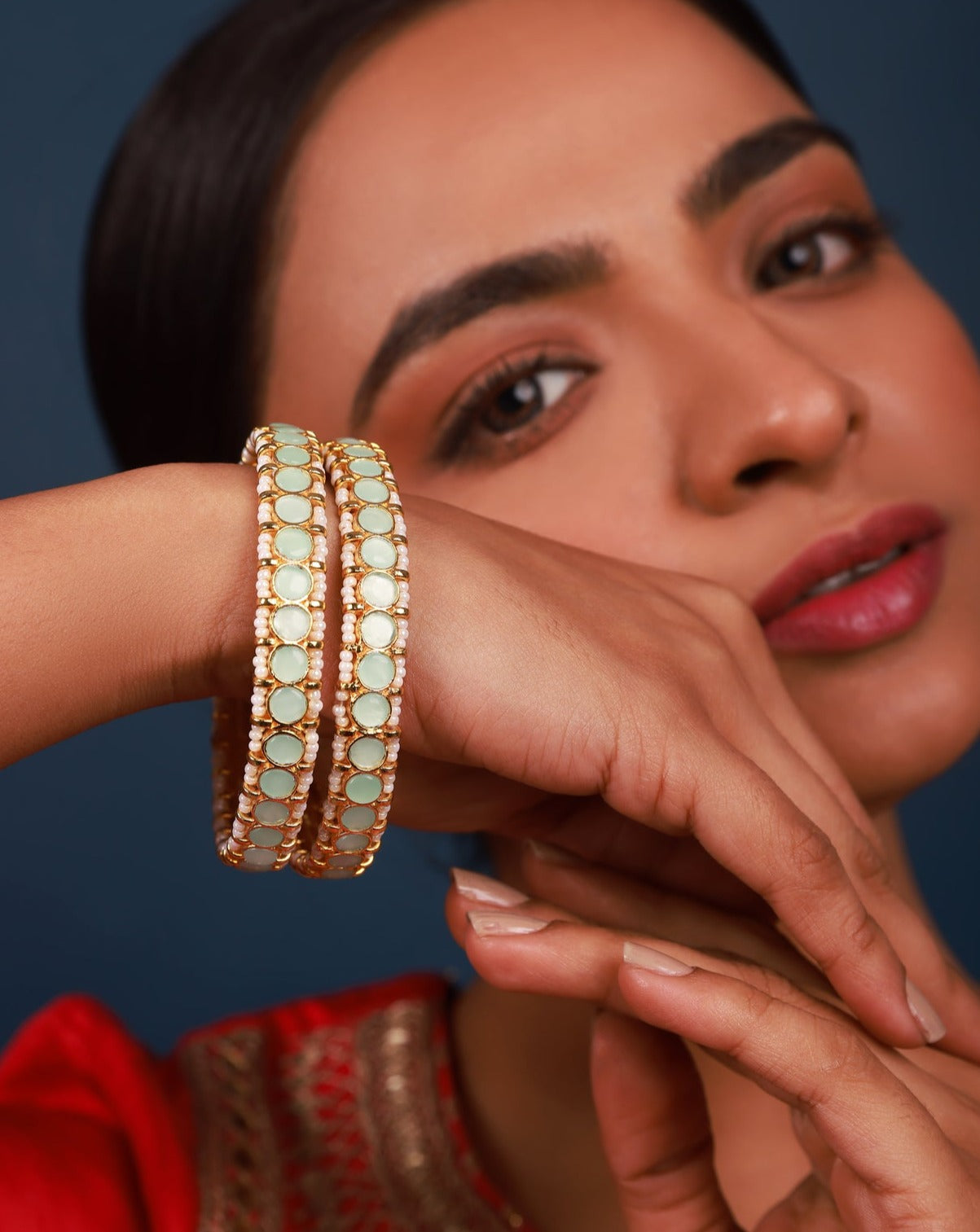 Mint blue Kundan Bangles