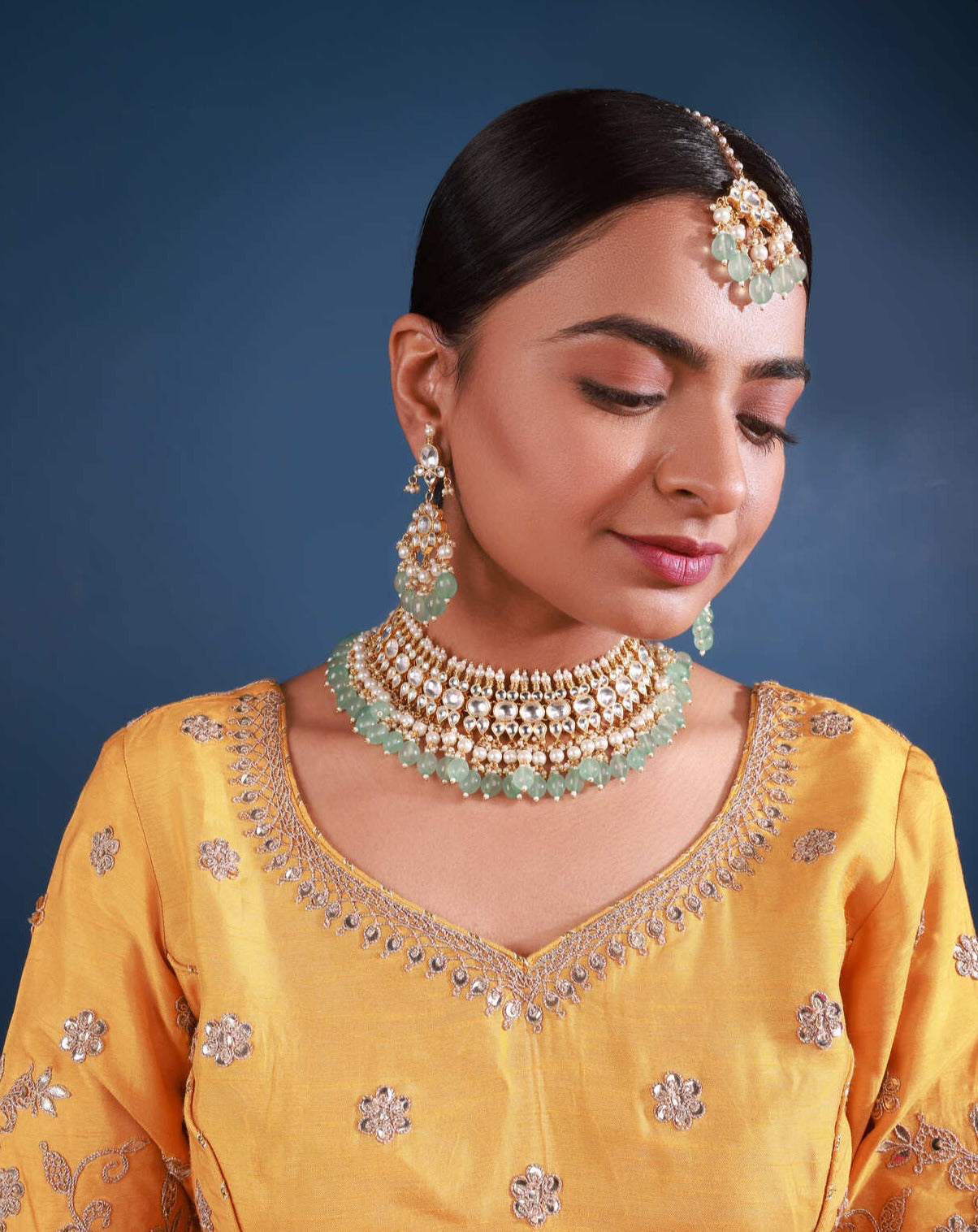 Kundan necklace set with mint Drops