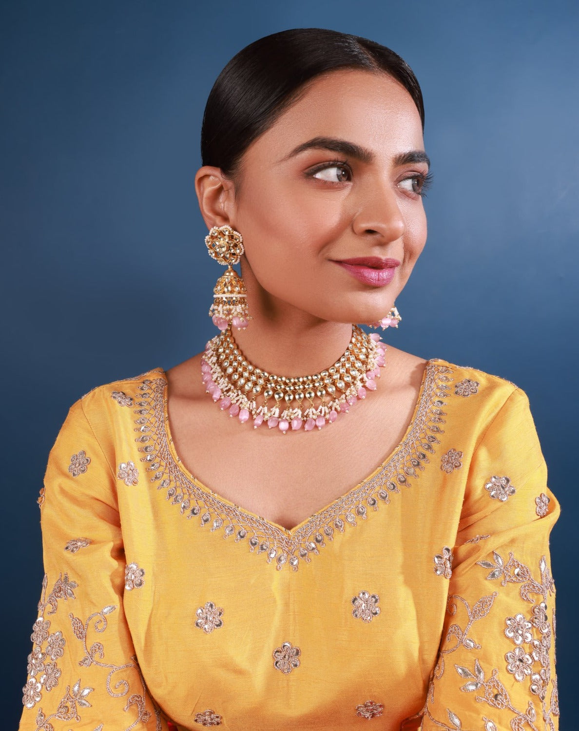 Kundan Necklace set in pink drops