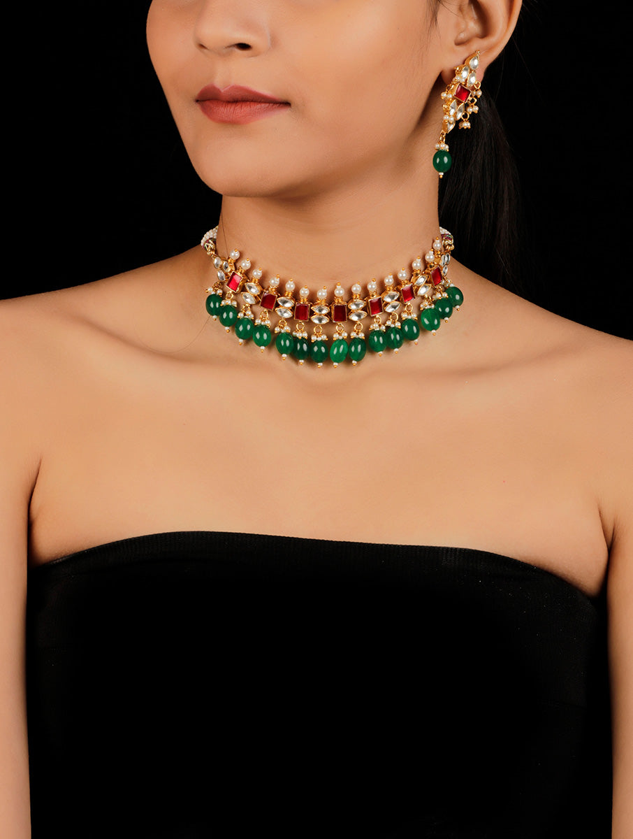 Red kundan choker set with Green Drops